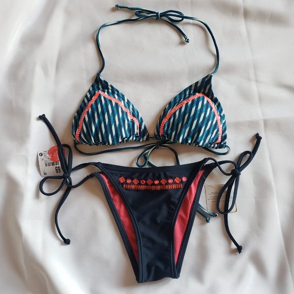 Bossa Nossa Embroidery Triangle Bra Cheeky Side Tie 2pc Set M - Picture 5 of 15